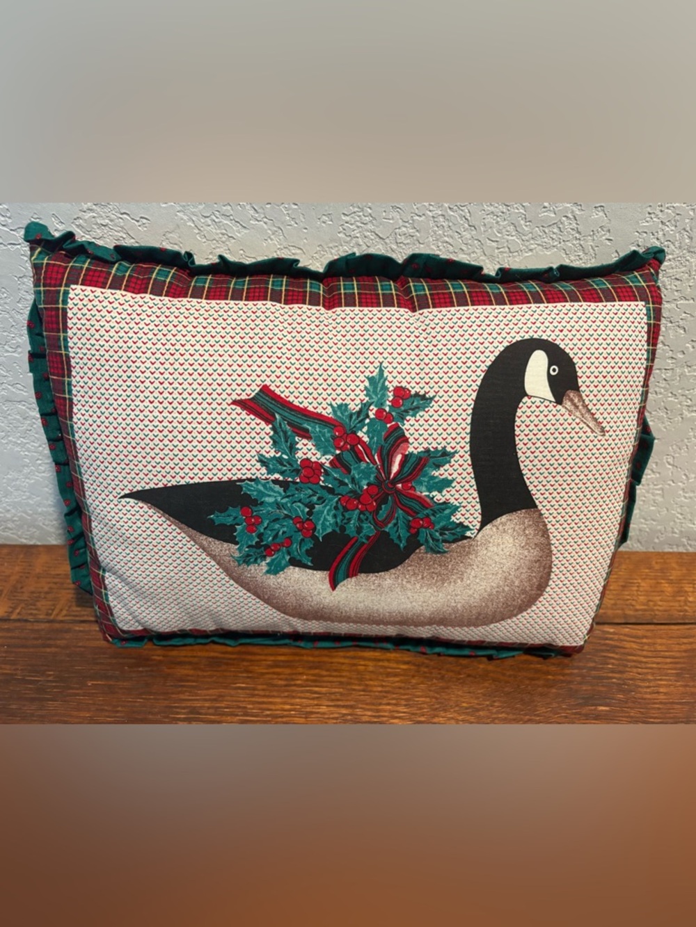 Vintage Double Sided Christmas Goose Duck Swan Printed Pillow Ruffle Detail